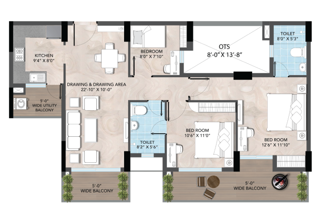 3 BHK Deluxe floor plan